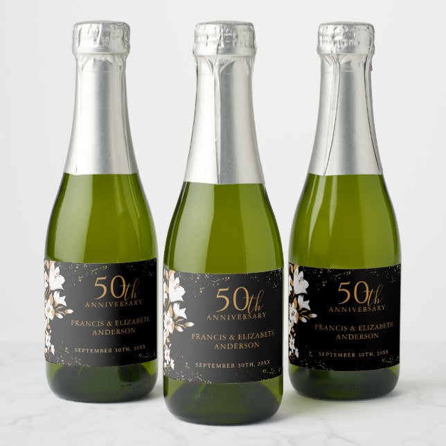 Étiquettes Pour Bouteilles De Vin Mousseux Floral Black Gold 50e anniversaire Mariage (Bouteilles)