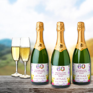 Étiquettes Pour Bouteilles De Vin Mousseux Floral élégant flacon 60ème anniversaire fleur 60