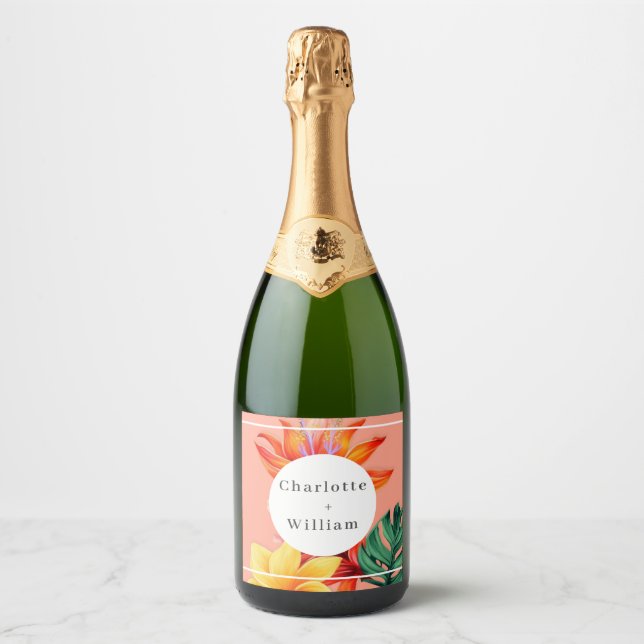 Étiquettes Pour Bouteilles De Vin Mousseux Floral tropical (Devant)