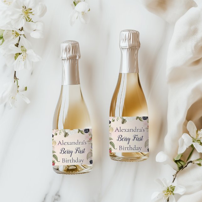Étiquettes Pour Bouteilles De Vin Mousseux Fraise Berry 1ère fête d'anniversaire (Créateur téléchargé)