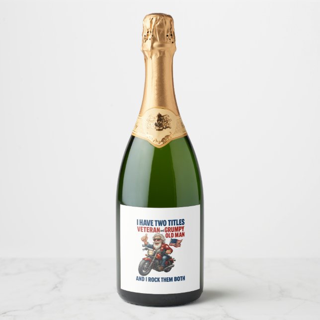 Étiquettes Pour Bouteilles De Vin Mousseux Funky Grumpy Vieux Homme Vétérinaire Moto (Devant)