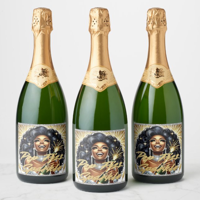 Étiquettes Pour Bouteilles De Vin Mousseux Glam African American Woman Anniversaire/NYE (Bouteilles)