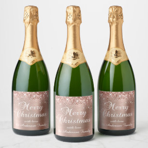 Étiquettes Pour Bouteilles De Vin Mousseux Glitter Rose Gold Foil Joyeux Noël