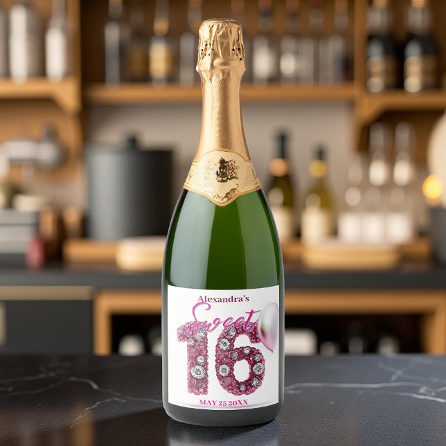 Étiquettes Pour Bouteilles De Vin Mousseux Glittering Gemstones et rose Balloon Sweet 16 (Créateur téléchargé)