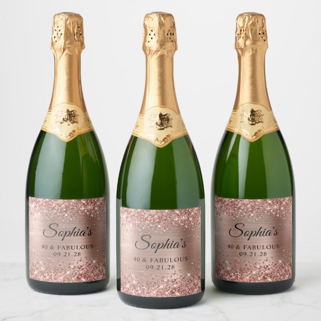 Étiquettes Pour Bouteilles De Vin Mousseux Glittery Rose Gold Foil 40 & Fabulous (Bouteilles)