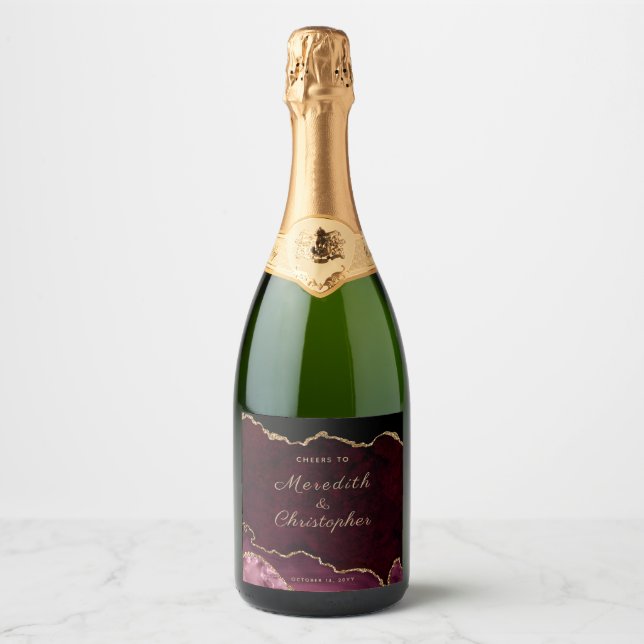 Étiquettes Pour Bouteilles De Vin Mousseux Gold Burgundy Agate Mariage (Devant)