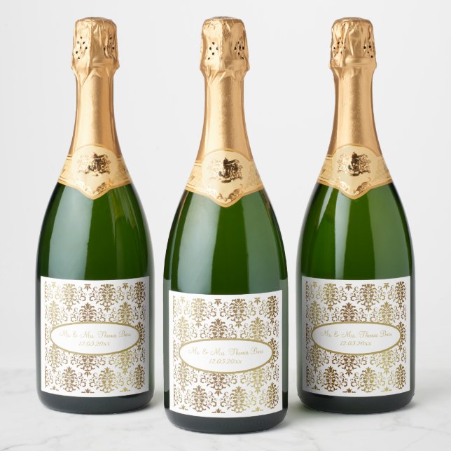 Étiquettes Pour Bouteilles De Vin Mousseux Gold Damask White Script Mariage élégant (Bouteilles)