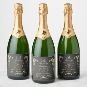 Étiquettes Pour Bouteilles De Vin Mousseux Gold Floral Hearts 50e Anniversaire du Mariage Vin
