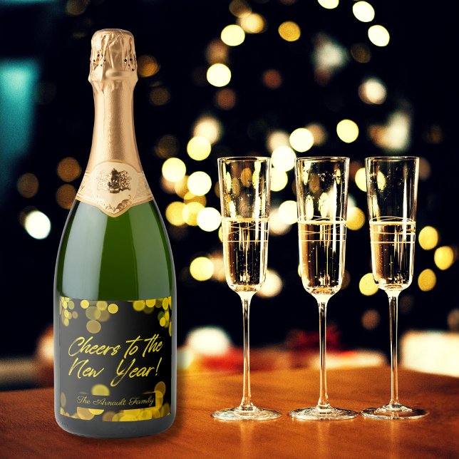 Étiquettes Pour Bouteilles De Vin Mousseux Golden Bokeh éclaire la nouvelle année (Créateur téléchargé)