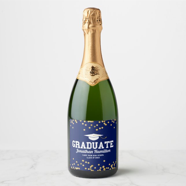 Étiquettes Pour Bouteilles De Vin Mousseux Graduate Navy Blue Gold Graduate Party (Devant)