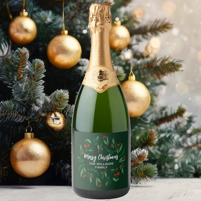 Étiquettes Pour Bouteilles De Vin Mousseux Green Christmas Party Custom Holly Berry (Créateur téléchargé)