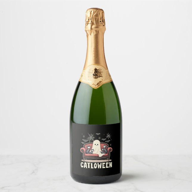 Étiquettes Pour Bouteilles De Vin Mousseux Halloween fantôme de Catloween (Devant)