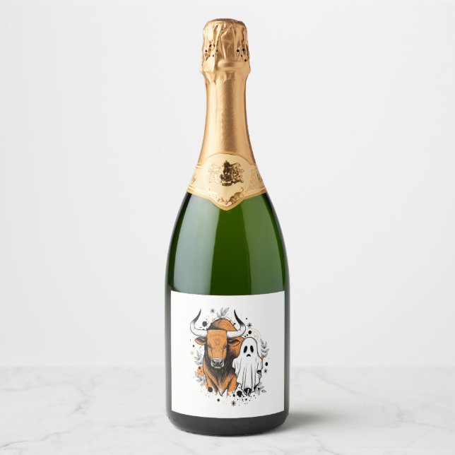 Étiquettes Pour Bouteilles De Vin Mousseux Halloween Highland Cow Cute Fall (Devant)