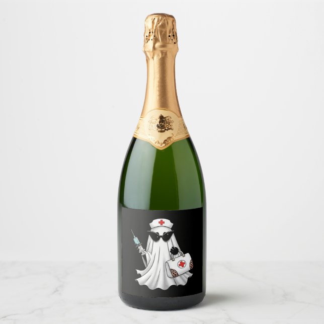 Étiquettes Pour Bouteilles De Vin Mousseux Infirmière fantôme Halloween (Devant)