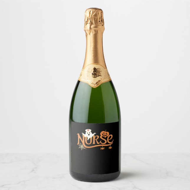 Étiquettes Pour Bouteilles De Vin Mousseux Infirmière Halloween mignon Fantôme et Citrouille  (Devant)