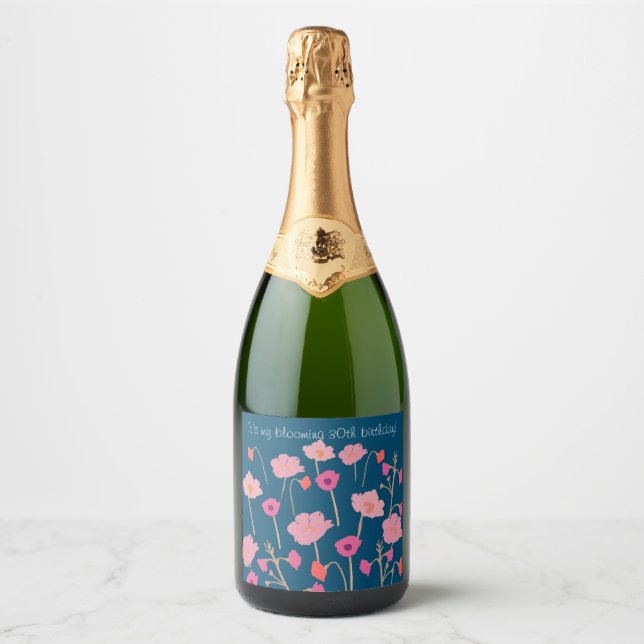 Étiquettes Pour Bouteilles De Vin Mousseux Joli Anniversaire Floral Moderne Avec Âge Personna (Devant)