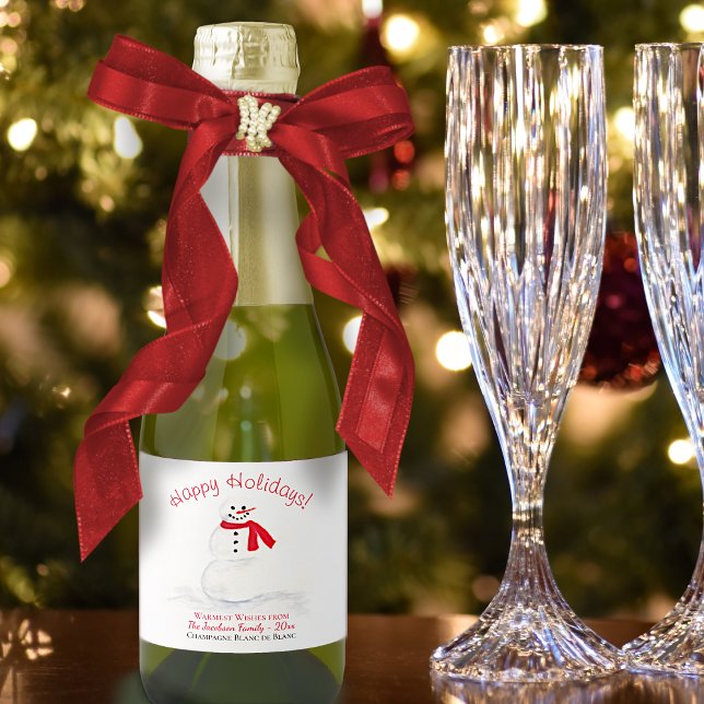 Étiquettes Pour Bouteilles De Vin Mousseux Joli Snowman Joyeux Festive Mini (In Situ with Bow and Glasses)