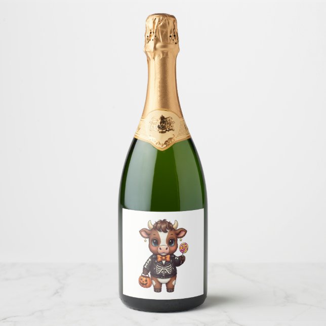 Étiquettes Pour Bouteilles De Vin Mousseux Jolie Halloween Highland Cow (Devant)
