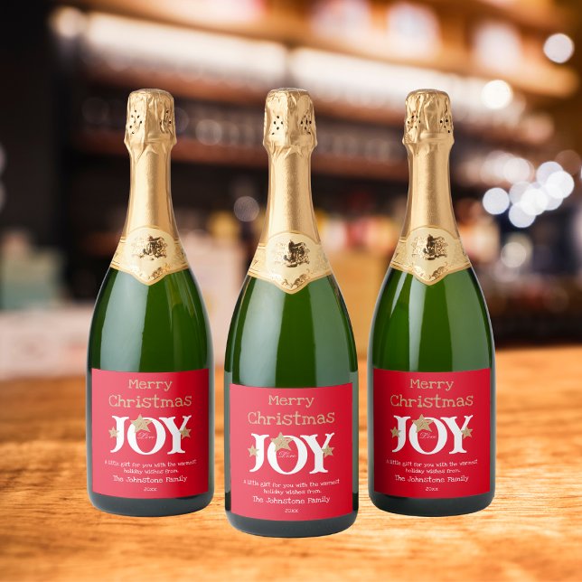 Étiquettes Pour Bouteilles De Vin Mousseux Joyeux cadeau de Noël pour vous Script Cool Rouge (Add some Joy to your festivities with a few of these bright & cheerful sparkling wine labels.)