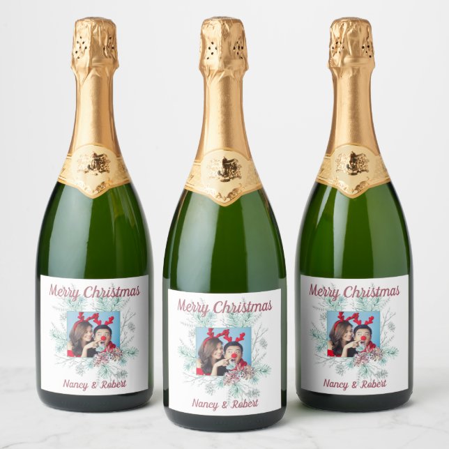Étiquettes Pour Bouteilles De Vin Mousseux Joyeux Noël personnalisé texte et photo (Bouteilles)