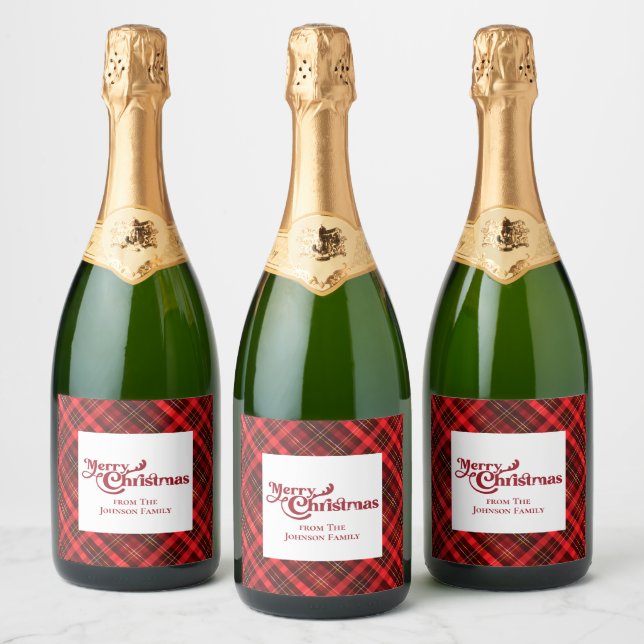 Étiquettes Pour Bouteilles De Vin Mousseux Joyeux Noël traditionnel Rouge Plaid Personnalisé (Bouteilles)
