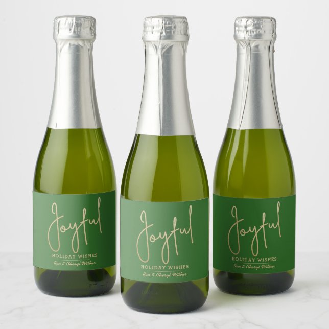 Étiquettes Pour Bouteilles De Vin Mousseux JOYFUL Holiday Wishes Gold on Green (Bouteilles)