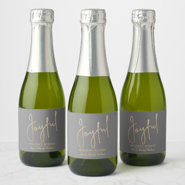 Étiquettes Pour Bouteilles De Vin Mousseux JOYFUL Holiday Wishes Gold on Grey (Bouteilles)