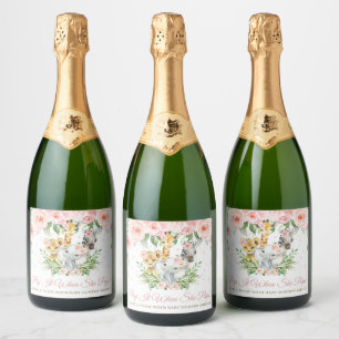 Étiquettes Pour Bouteilles De Vin Mousseux Jungle Animal Safari rose Floral Girl Baby shower