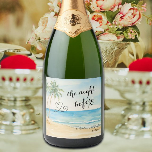 Étiquettes Pour Bouteilles De Vin Mousseux La nuit avant le mariage sur la plage et les palmi (Créateur téléchargé)