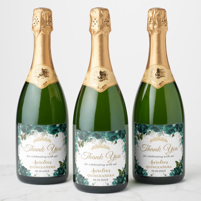 Étiquettes Pour Bouteilles De Vin Mousseux Les papillons Rose Emerald Green Floral Favorisent (Bouteilles)