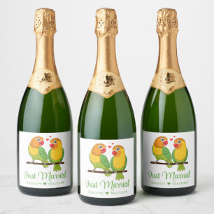 Étiquettes Pour Bouteilles De Vin Mousseux Lovebirds Inséparables Mariage Juste Marié