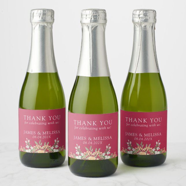 Étiquettes Pour Bouteilles De Vin Mousseux Magenta, Pêche et Mariage floral blanc (Bouteilles)