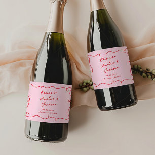 Étiquettes Pour Bouteilles De Vin Mousseux Main Whimsical tirée rose et Mariage rouge