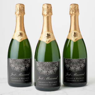 Étiquettes Pour Bouteilles De Vin Mousseux Mandala Indien Boho Noir Mariage Tout Juste Mariés