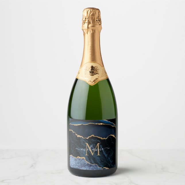 Étiquettes Pour Bouteilles De Vin Mousseux Marbre d'or bleu Lettre personnalisée Nom Étiquett (Devant)