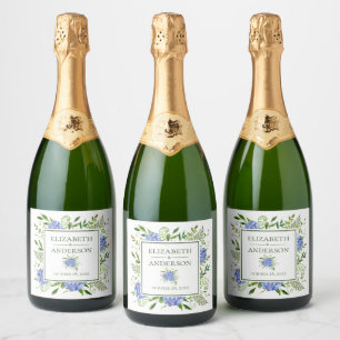 Étiquettes Pour Bouteilles De Vin Mousseux Mariage aquarelle aux hortensias bleus