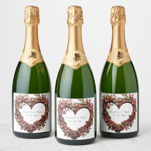 Étiquettes Pour Bouteilles De Vin Mousseux Mariage Beau Coeur Wreath Fleurs rouges (Bouteilles)