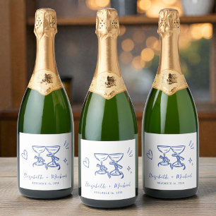 Étiquettes Pour Bouteilles De Vin Mousseux Mariage bleu dessiné à la main de fantaisie