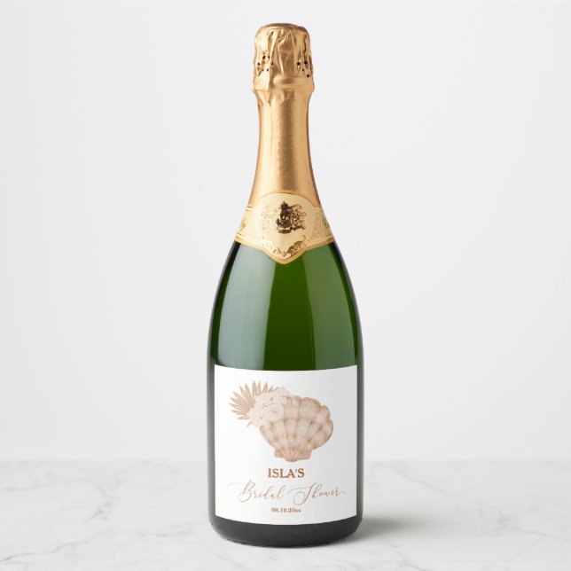 Étiquettes Pour Bouteilles De Vin Mousseux Mariage Bohème sur la Plage Coquillages (Devant)