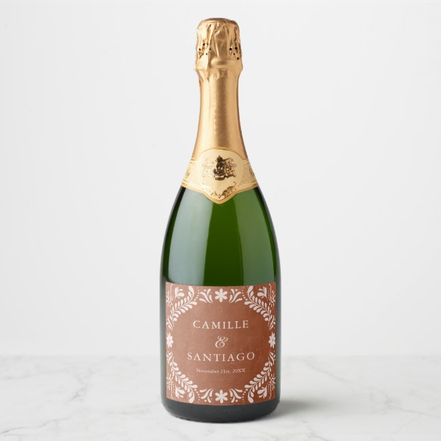 Étiquettes Pour Bouteilles De Vin Mousseux Mariage Boho Terracotta (Devant)
