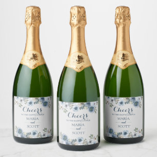 Étiquettes Pour Bouteilles De Vin Mousseux Mariage Botanique Floral Bleu Et Gris Cha