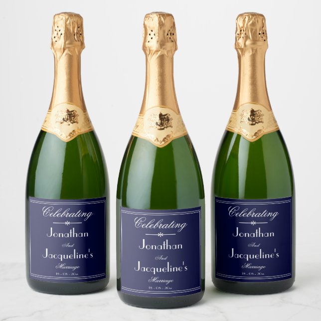 Étiquettes Pour Bouteilles De Vin Mousseux Mariage classique élégant bleu marine Personnalisé (Bouteilles)