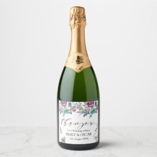 Étiquettes Pour Bouteilles De Vin Mousseux Mariage d'aquarelle florale Mint & Mauve