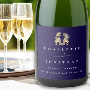 Étiquettes Pour Bouteilles De Vin Mousseux Mariage de Dinosaure Drôle Bleu Marine & Blanc Sur
