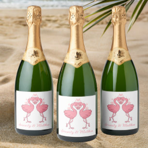 Étiquettes Pour Bouteilles De Vin Mousseux Mariage de plage tropical Flamants roses d'été