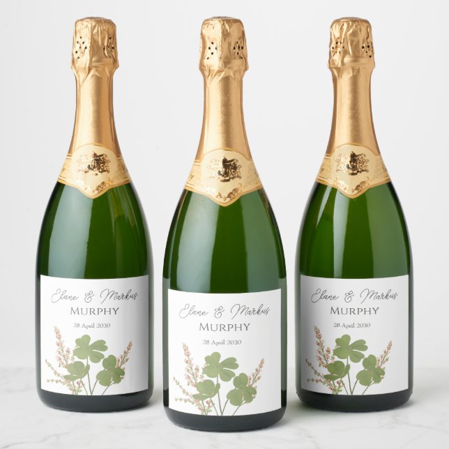 Étiquettes Pour Bouteilles De Vin Mousseux Mariage de trèfle vert irlandais moderne (Bouteilles)