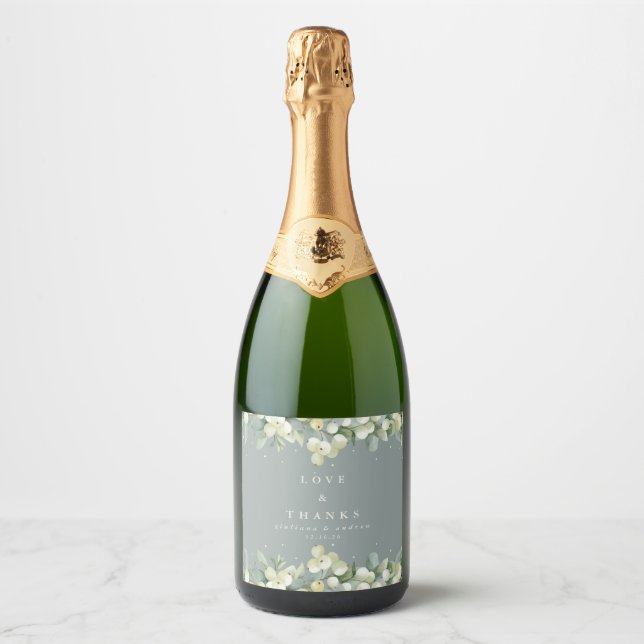 Étiquettes Pour Bouteilles De Vin Mousseux Mariage d'hiver Seafoam Green Snowberry+Eucalyptus (Devant)