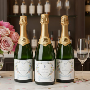 Étiquettes Pour Bouteilles De Vin Mousseux Mariage Élégant à la Crête de Fleur Sauvage Bleue 