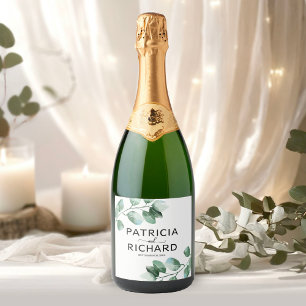 Étiquettes Pour Bouteilles De Vin Mousseux Mariage élégant de verdure et calligraphie d'eucal