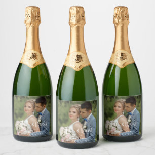 Étiquettes Pour Bouteilles De Vin Mousseux Mariage élégant Photo Love & Merci Typographie